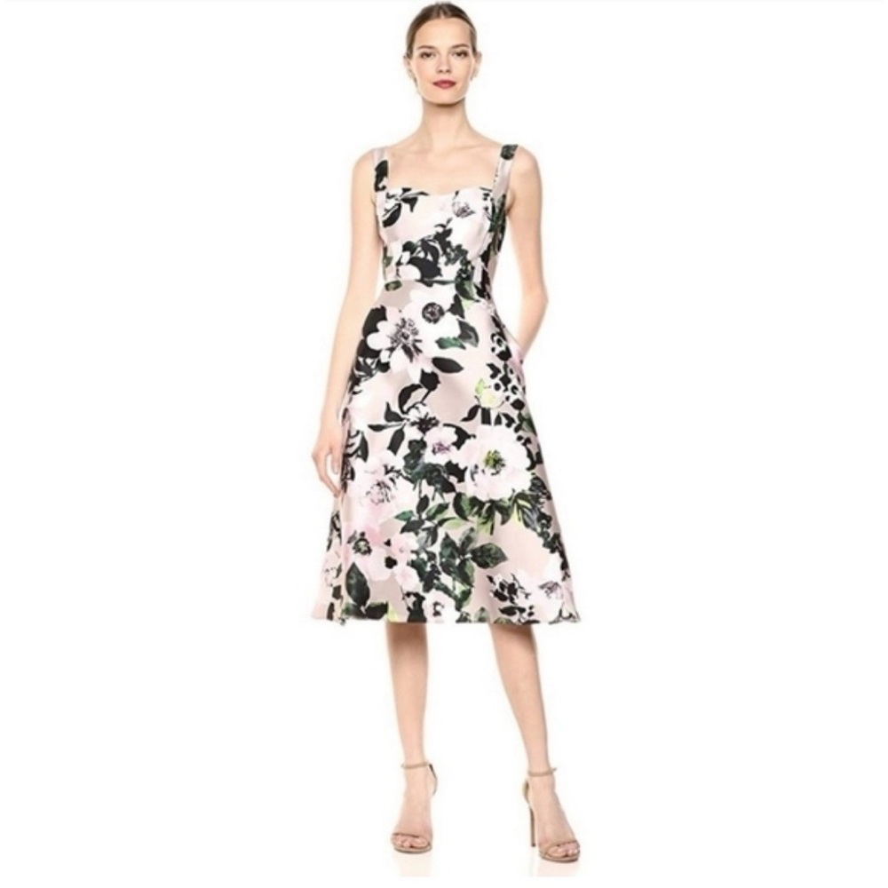 Adrianna Papell Floral Pink and Black Sleeveless Midi Dress size 10
